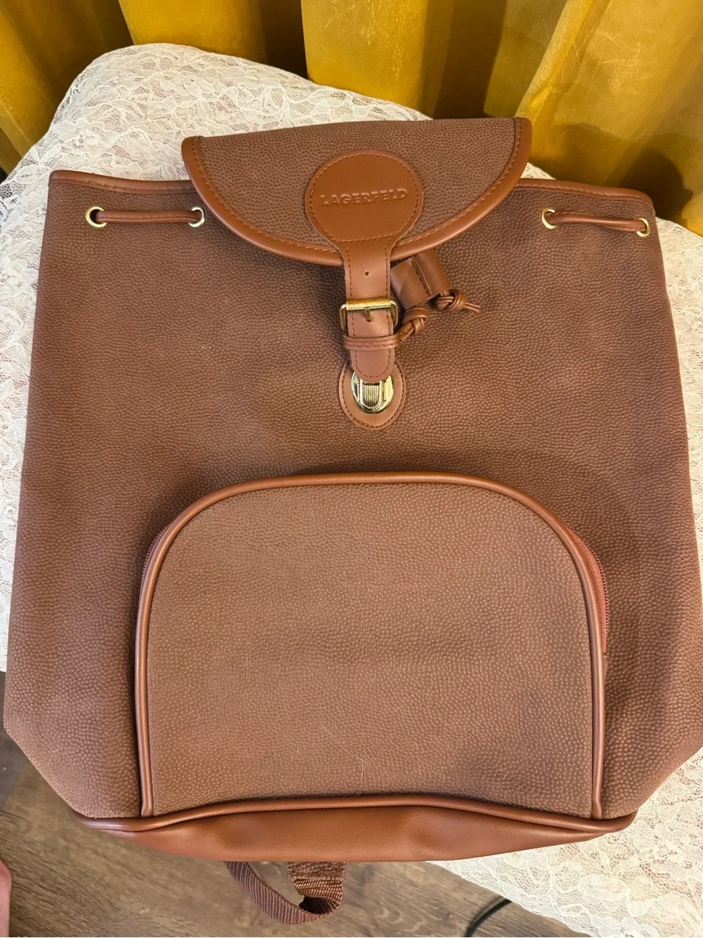 ⭐️ Lagerfeld vintage Brown Leather-Trim Backpack⭐️